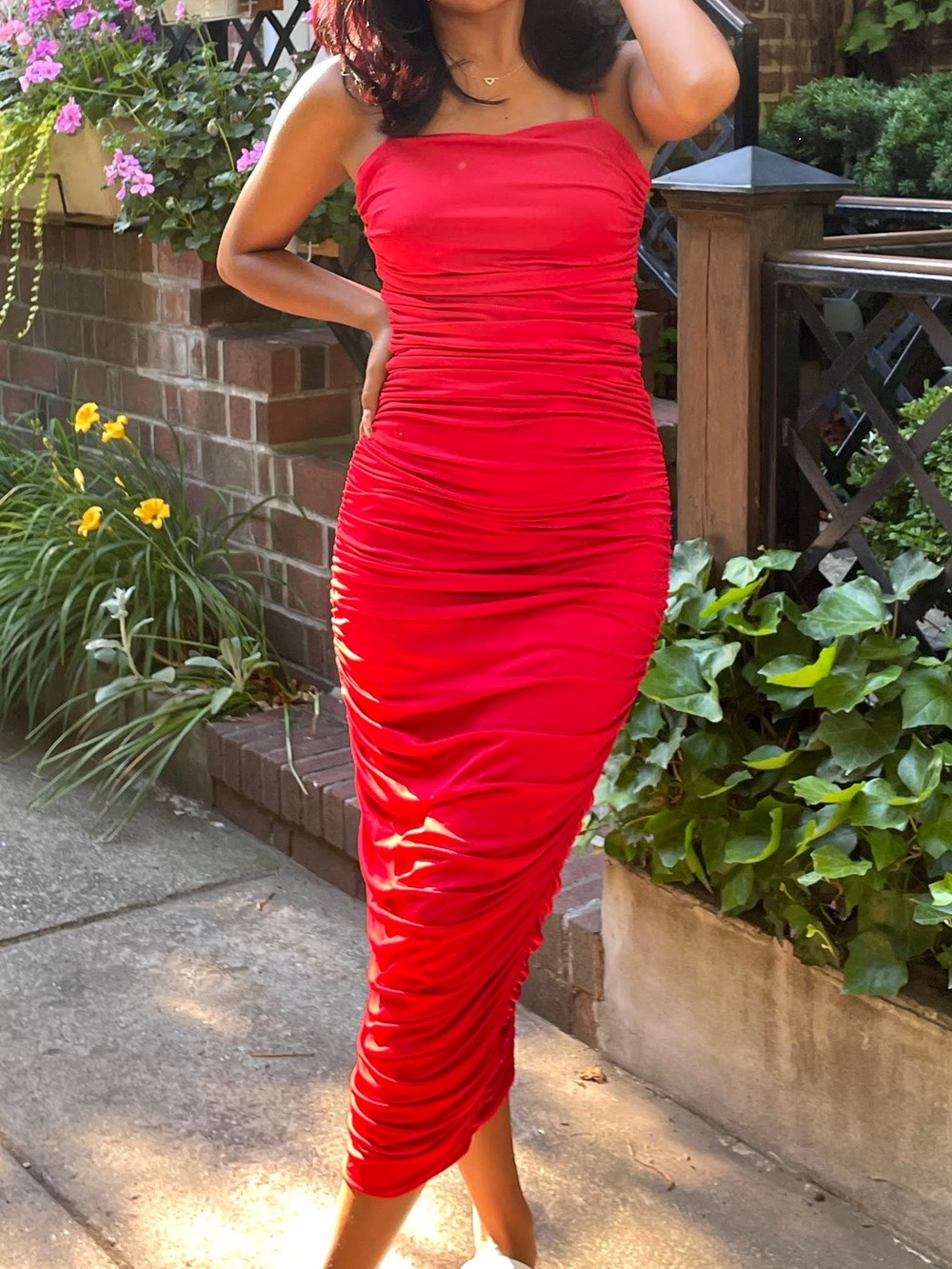 Red Ruched Strapless Midi Dress